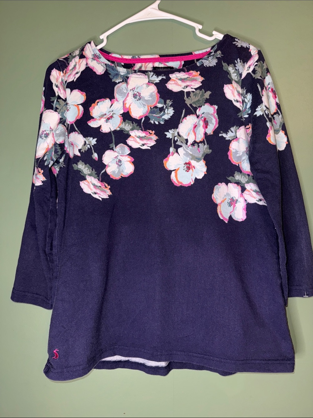 Joules Heavyweight Tee Blouse Floral US 10 Navy Blue 3/4 Sleeve
